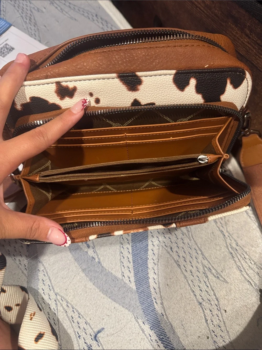 Wrangler Brown and White Cowhide-Print Messenger Bag